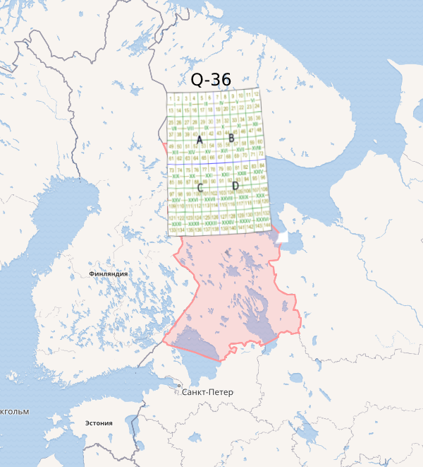 Схема квадрантов карты Q-36 Карелии на карте России 