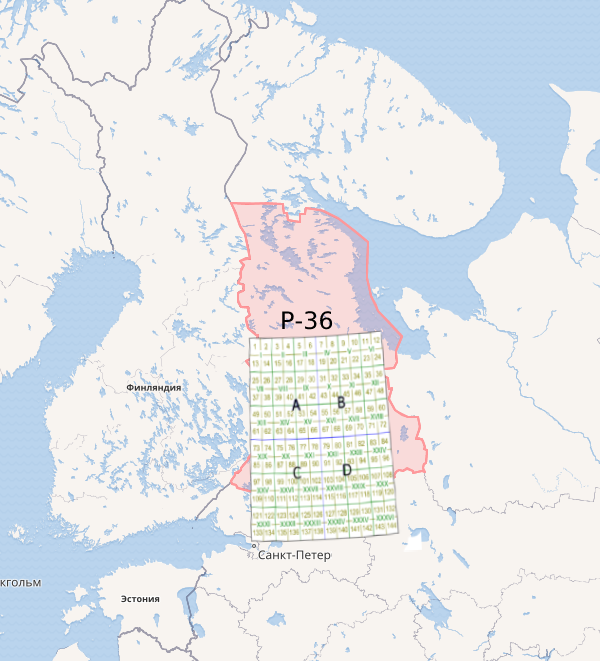 Схема квадрантов карты P-36 Карелии на карте России 