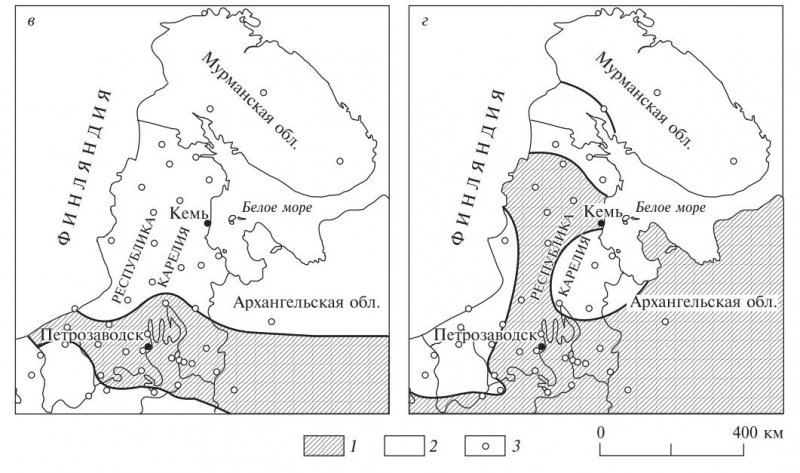 Пространственное распределение зон положительных (1 ) и отрицательных (2 ) трендов сезонных температур воздуха на территории Северо-Запада России, 1951–2000 гг. (3 — метеостанции).